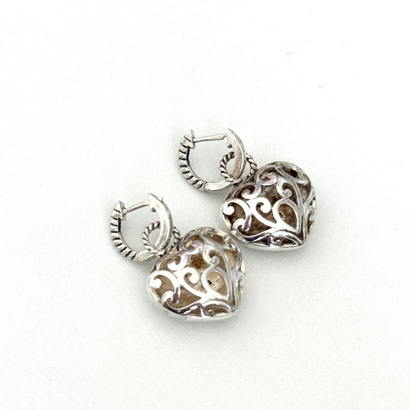 925 Sterling Silver & 14K Gold Puffy Heart Openwork Filigree Scroll Earrings - Picture 16 of 16